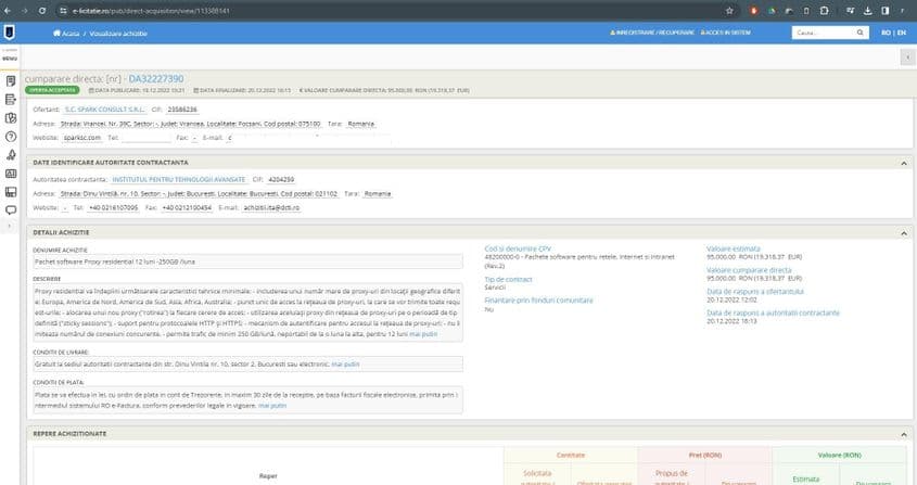 Un institut din subordinea SRI a colaborat de mai multe ori cu firma care a dezvoltat aplicația AUR. Captură de ecran via SEAP