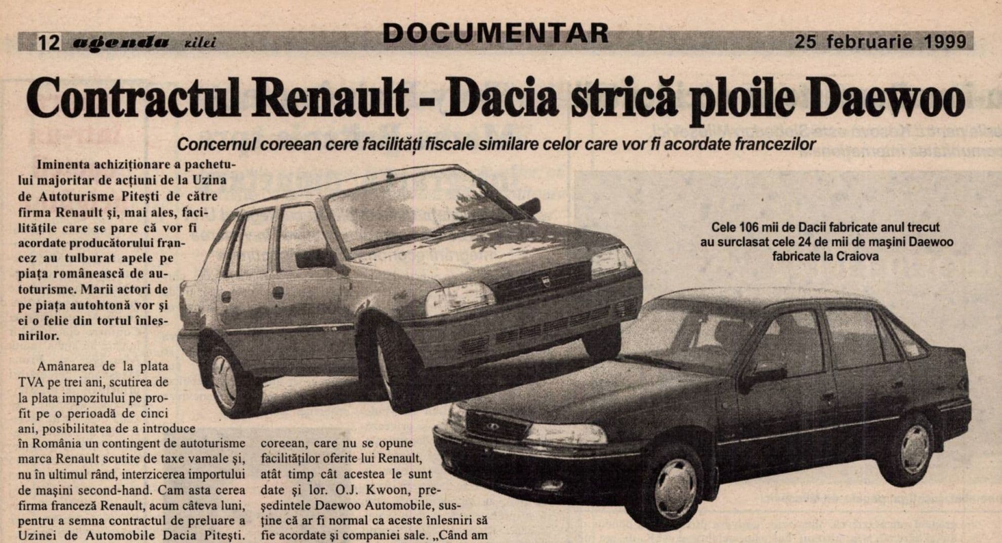 Preluarea Dacia de către Renault nu a stricat neapărat ploile Daewoo, ci a dus la salvarea ambelor uzine, în cele din urmă, pentru că miile de ingineri și de muncitori au rămas, în general, în țară și au putut fi apoi lucra în alte companii din industrie. Foto: <em>Agenda Zilei, 1999</em> / Arcanum