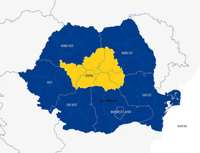 Harta județelor parte din Regiunea Centru. Foto: Ministerul Investițiilor și Proiectelor Europene