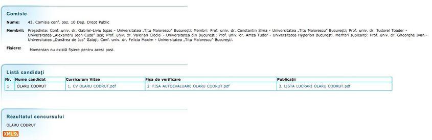 Anunţul de pe site-ul Ministerului privind concursul câştigat de Codruţ Olaru.