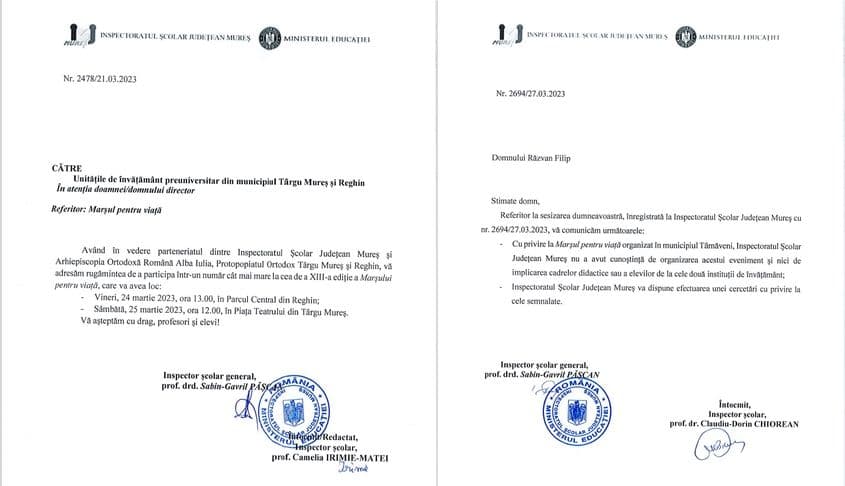 Inspectoratul Școlar Județean Mureș s-a implicat în organizarea marșurilor din Reghin și Târgu Mureș, dar spune că n-a știut nimic despre cel din Târnăveni