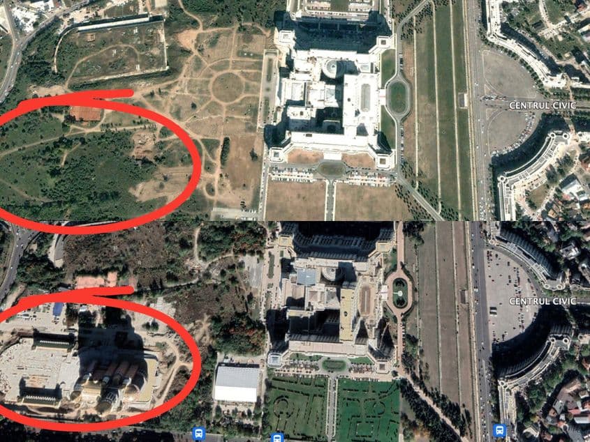 Cu ajutorul imaginilor satelitare, se poate observa foarte clar cum spațiul verde din București a avut de suferit în ultimii 20 de ani. Aici, zona delimitată de Calea 13 Septembrie și Strada Izvor, în anul 2002 și în 2022, după construirea Catedralei Mântuirii Neamului. Colaj: Laura Popa Foto: Google Earth