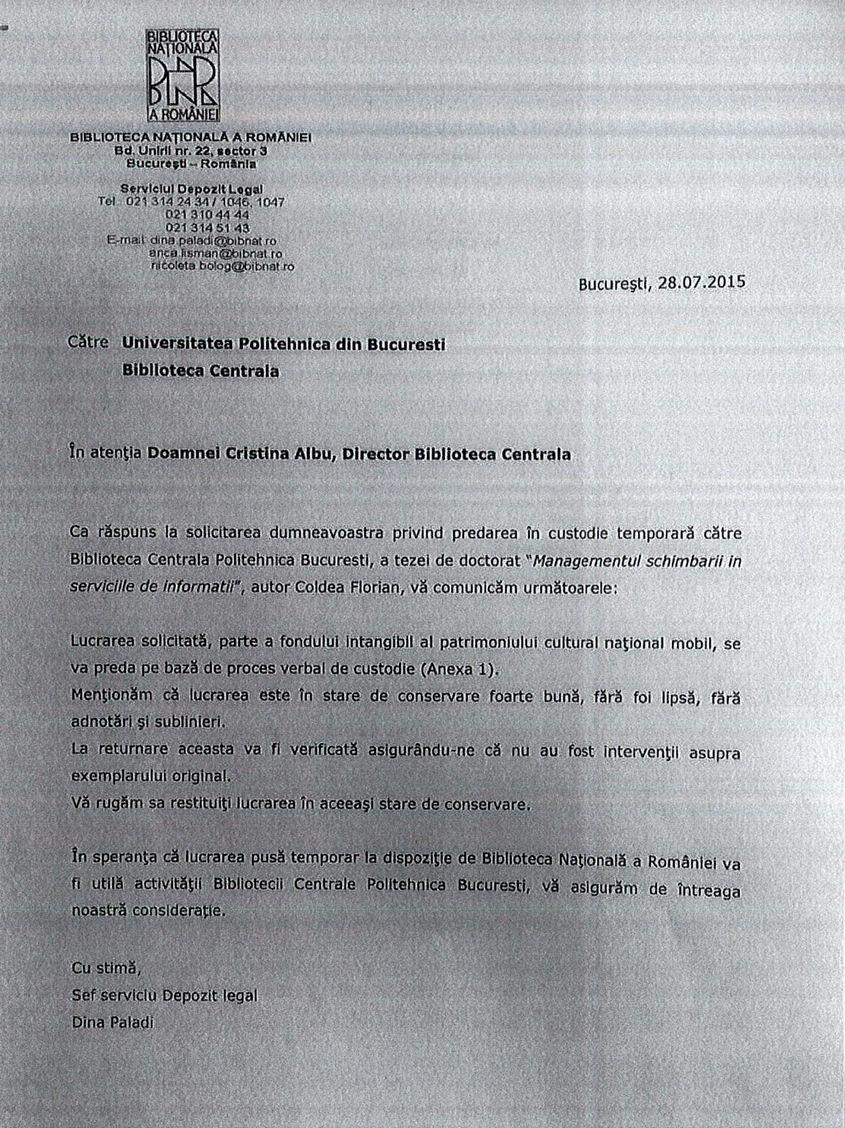 Răspunsul Bibliotecii Naţionale la cererea de împrumut.