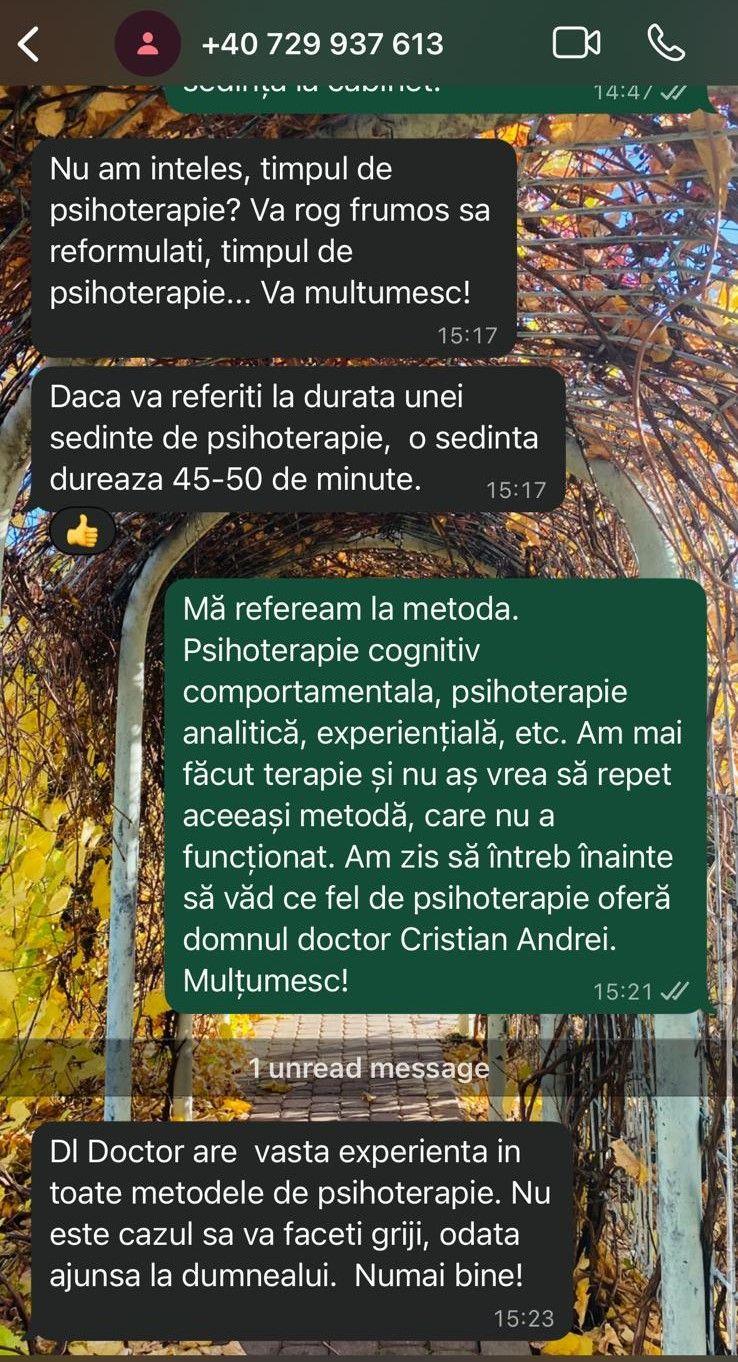 Persoana care intermediază programările a asigurat reportera PressOne că „dl. Doctor are experiență vastă în toate metodele de psihoterapie” și că „nu este cazul să vă faceți griji, odată ajunsă la dumnealui”.