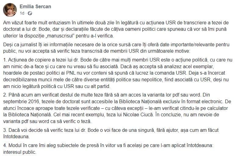 Postarea clară a jurnalistei Emilia Șercan, pe Facebook