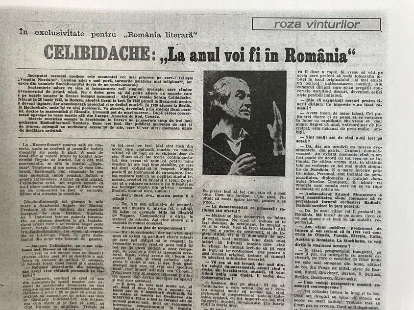 Imagine din presa anilor 70 din București, care anunța sosirea iminentă a dirijorului în România. Foto: publicată în volumul Spațiul Celibidache, autor Stejărel Olaru