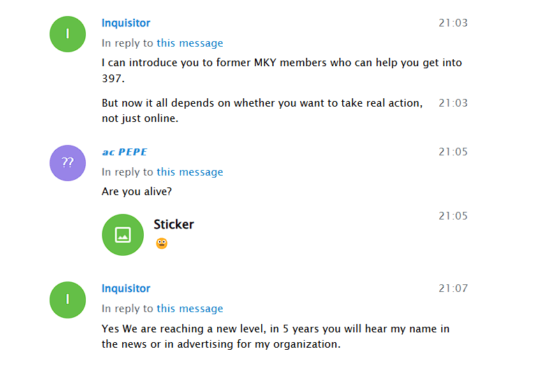 Inquisitor avea planuri mari de viitor. Captură de ecran dintr-un grup rusesc de Telegram
