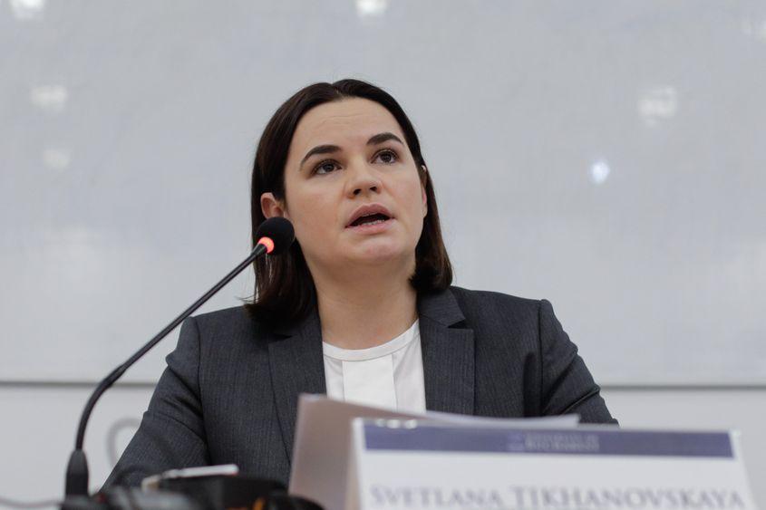Liderul opoziției din Belarus, Svetlana Tihanovskaia, susține o conferință de presă la Universitatea din București, luni 28 noiembrie 2022. Inquam Photos / George Călin