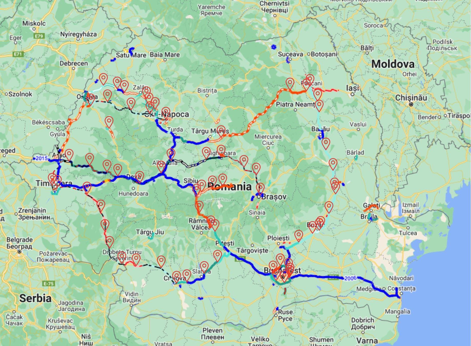 Map of motorways in Romania and their degree of execution. The original version, permanently updated and interactive, can be found on Proinfrastructura.ro