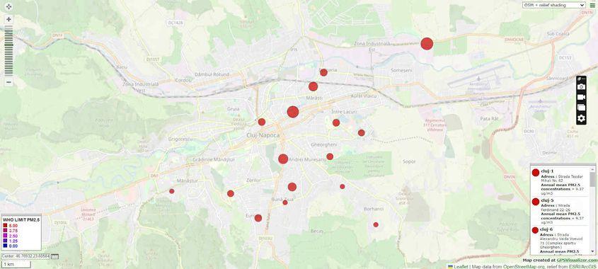 Punctul roșu din dreapta sus a imaginii marchează stația care monitorizează calitatea aerului de pe artera Bulevardul Muncii.