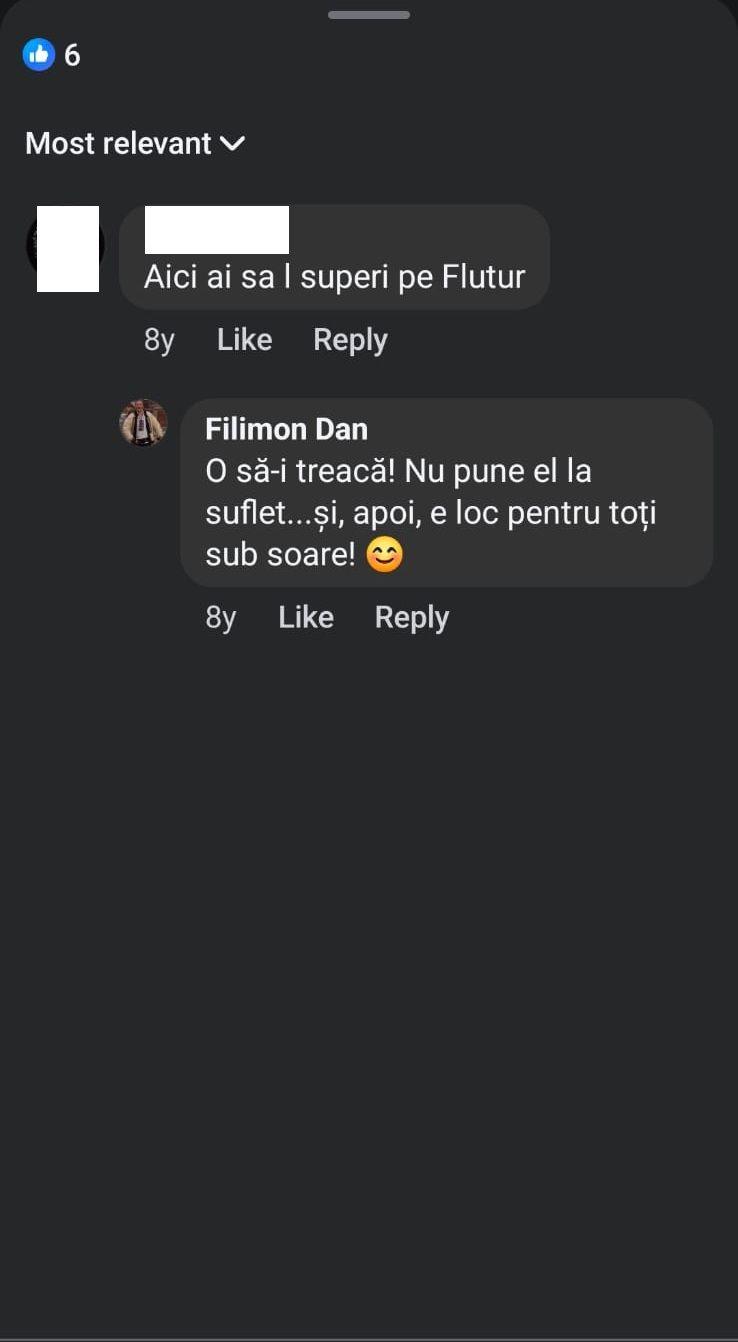 Schimb de replici la o postare de pe Facebook în care Filimon îl promova pe Marian Munteanu. Captură de ecran via Facebook