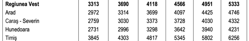 Posibila evoluție a salariului mediu net în județele din Regiunea Vest, conform datelor furnizate de Comisia Națională de Strategie și Prognoză în ianuarie 2023.
