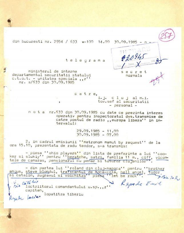 Facsimil al notei trimise de căpitanul Lopatitza Inspectoratului MI de la Cluj.