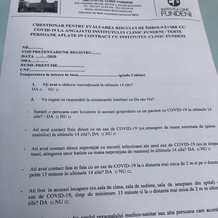 Formularul care se completează la Spitalul Fundeni