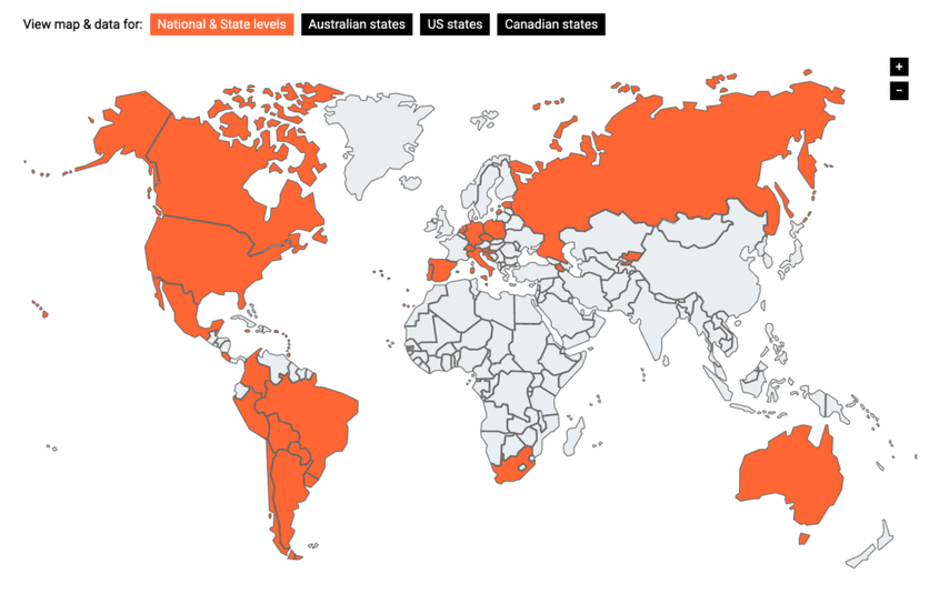 <strong><em>Dezincriminarea deținerii de substanțe psihoactive (ilegale) pentru consum propriu (portocaliu) - </em></strong><a target="_blank" rel="noreferrer noopener" href="https://decriminalisation-map.talkingdrugs.org.uk/" target="_blank"><strong><em>Sursa, Talking Drugs, Drug Decriminalisation Across the Globe Map</em></strong></a>