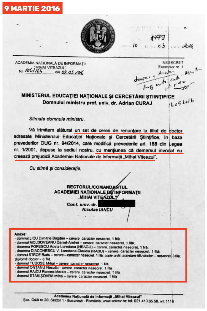 La o lună după ședința strategică din februarie 2016, Academia SRI își asumă rolul de intermediar instituțional între 9 dintre doctorii săi și minister, argumentând că cererile de renunțare la titlu nu-i "creează prejudicii"