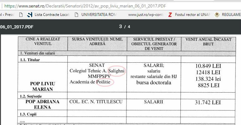 Facsimil din declarația de avere publicată de Liviu Pop pe site-ul Senatului.