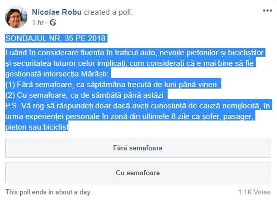Primarul Nicolae Robu, luând pulsul cetății pe Facebook, după pornirea semafoarelor într-un sens giratoriu din centrul orașului, luni, 17 septembrie 2018. Foto: Facebook