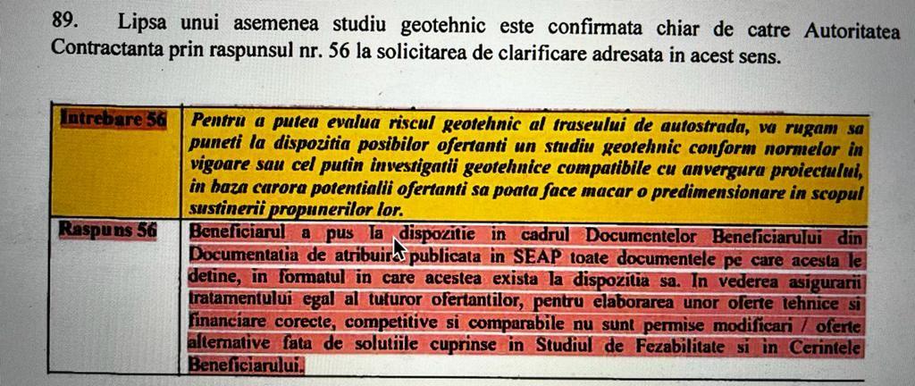 Fragment din contestația depusă la CNSC de asocierea WeBuild-Tancrad la începutul lunii februarie. Răspunsul CNAIR, marcat cu roșu