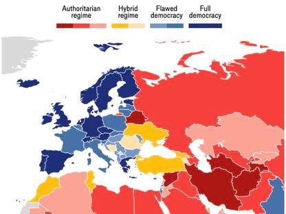 România a devenit singura țară UE retrogradată în categoria țărilor cu “regim hibrid”, conform Democracy Index 2024 (EIU). Alte țări cu regim hibrid de pe continent: Ucraina, Turcia, Georgia, Serbia, Kosovo. FOTO: EIU