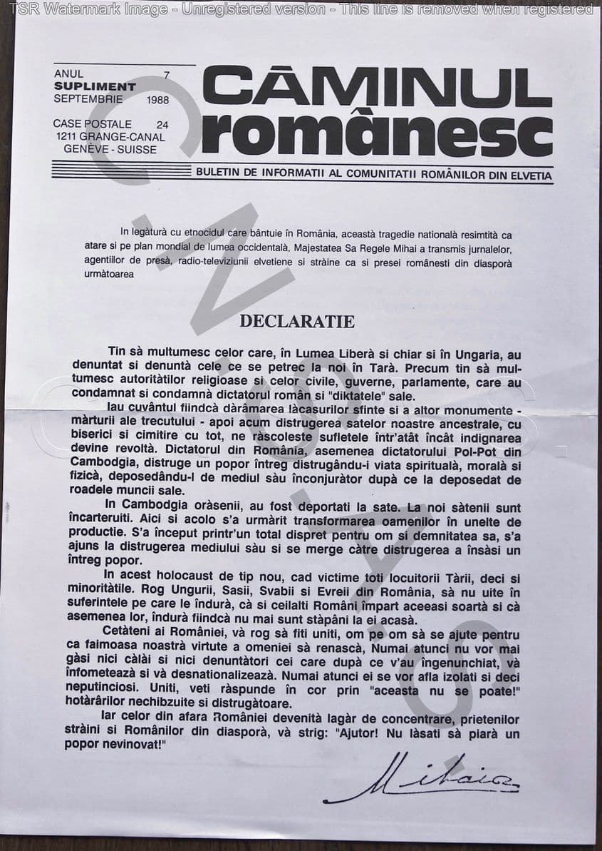Articol publicat de regele Mihai în 1988, aflat în dosarul său de urmărire. Sursa: Arhiva CNSAS