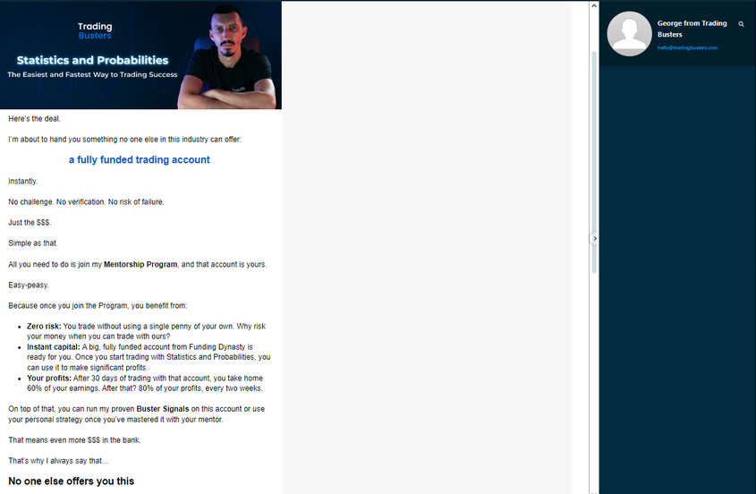 Un mesaj de promovare în care Trading Busters prezintă conturile finanțate ca fiind fără risc, dar implicând că este vorba de fonduri reale.