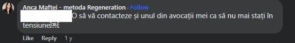 Uneori, când primește feedback negativ, Anca Maftei amenință și cu avocații. Captură de ecran via pagina de Facebook a Ancăi Maftei