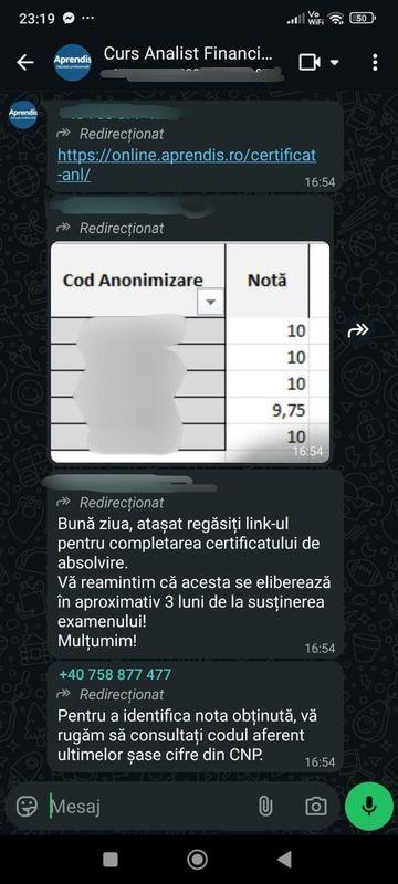 Notele obținute de absolvenții cursului de Analist financiar susținut la 14 octombrie 2025, la centrul de formare Aprendis<br>