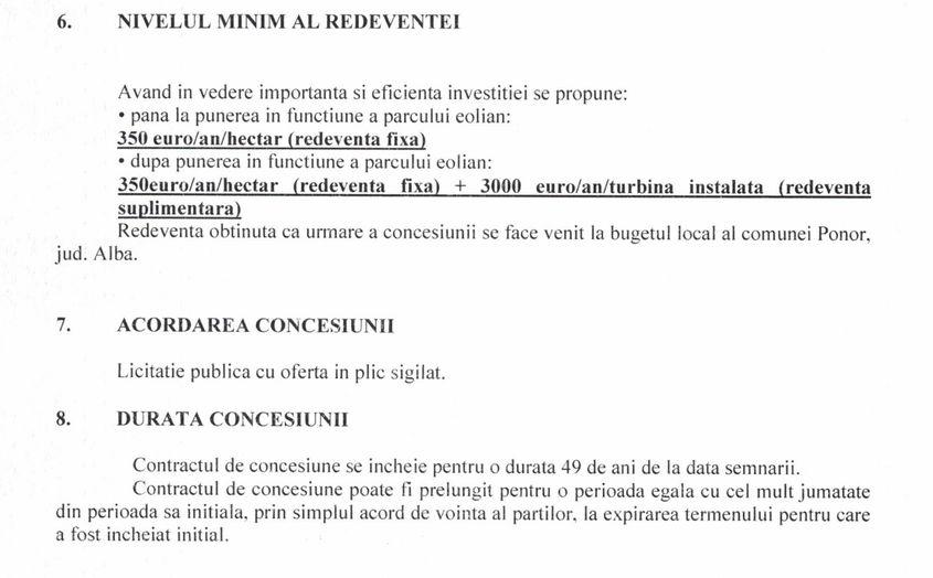 Redevență după punerea în funcțiune a parcului: 3.000 euro/an/turbină instalată