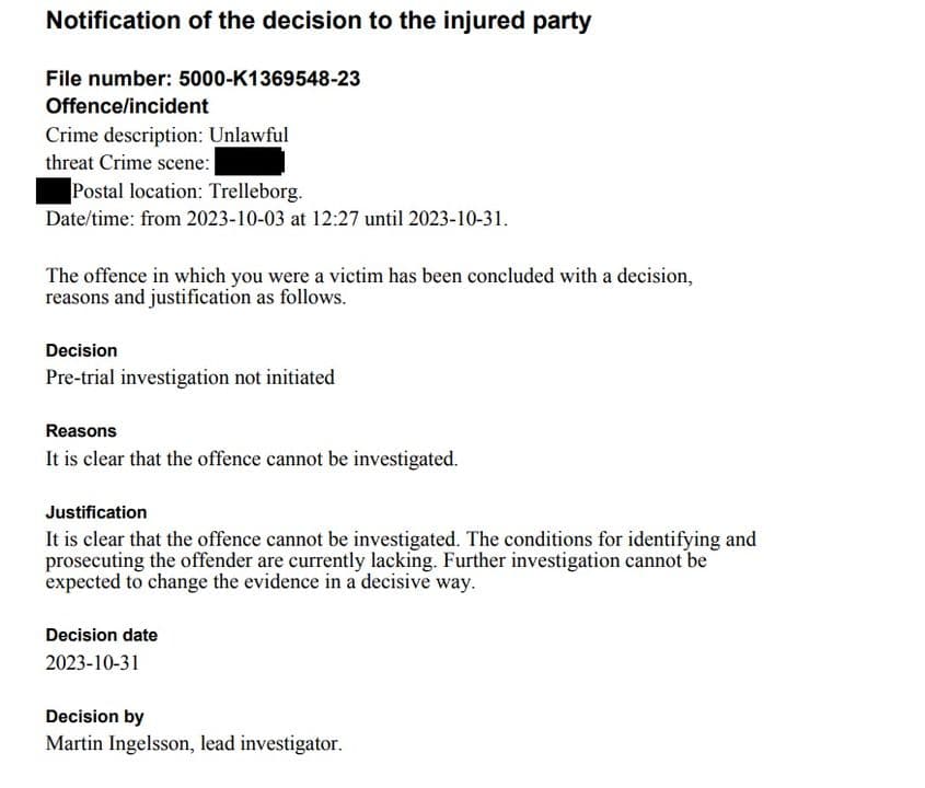 Pasaj din decizia luată de poliția suedeză după ce Elena a primit amenințări cu moartea