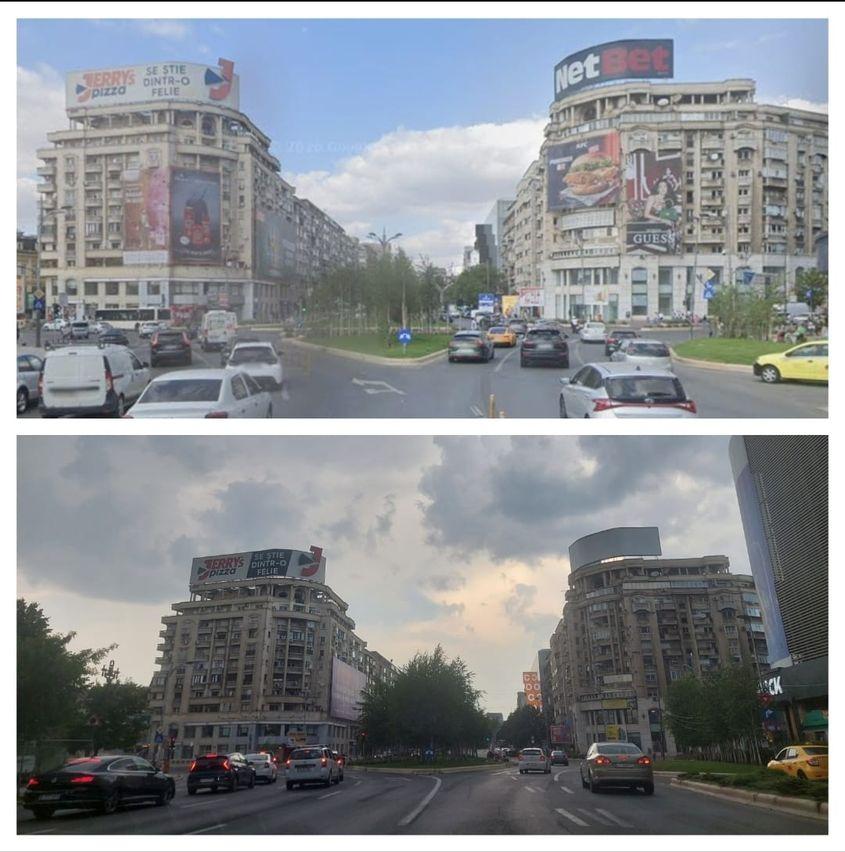 Publicitate în Piața Unirii. Înainte (sus, 2023) și după (jos, 2026) sesizarea PressOne. Foto: Google Maps și Andrei Gudu