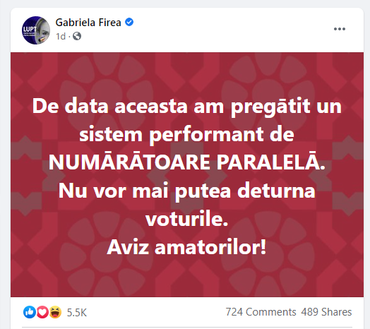 FOTO: Captură de pe pagina de Facebook a Gabrielei Firea