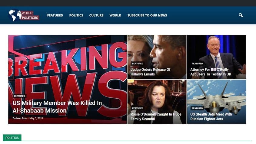 World Politicus, unul dintre site-urile concepute la Veles care continuă să manipuleze cu știri false sau trunchiate.