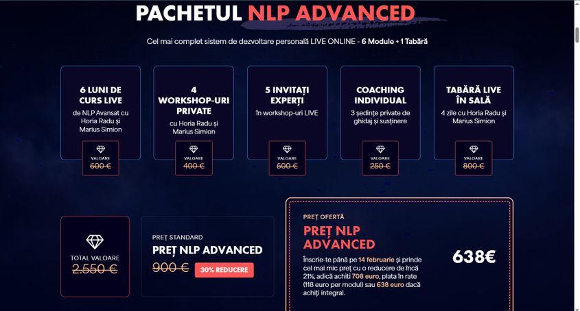 Exemplu de ofertă de curs NLP de pe site-ul oficial al trainerilor.