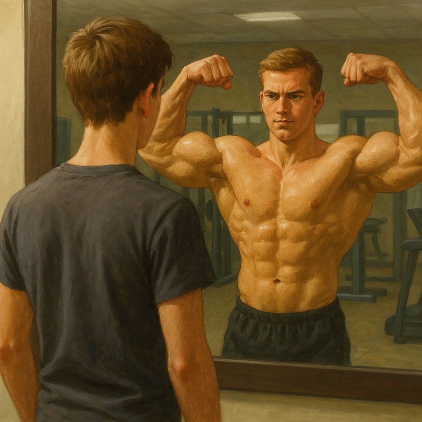 Când m-am întâlnit cu primul meu antrenor, care mi-a fost și profesor la cursul de formare ca instructor, mi-a zis: „hai să concurezi și hai să și folosești steroizi”. Am zis da. Foto generată cu AI.