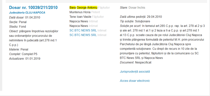 Într-un proces din 2010, asocierea dintre Bara, BTC News și brandul NapocaNews este făcută în mod direct. Captură de ecran via Lege5.ro