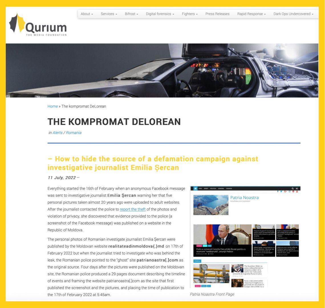 Titlul raportului Qurium, „The Kompromat DeLorean”, face referire la DMC DeLorean, o mașină sport din 1981 – ușor de recunoscut mulțumită ușilor care se deschid vertical, asemeni unor aripi de pescăruș – care a fost folosită în filmul “Back to the Future” (1985) drept o “mașină a timpului” cu care personajele călătoreau în trecut pentru a schimba prezentul și viitorul.