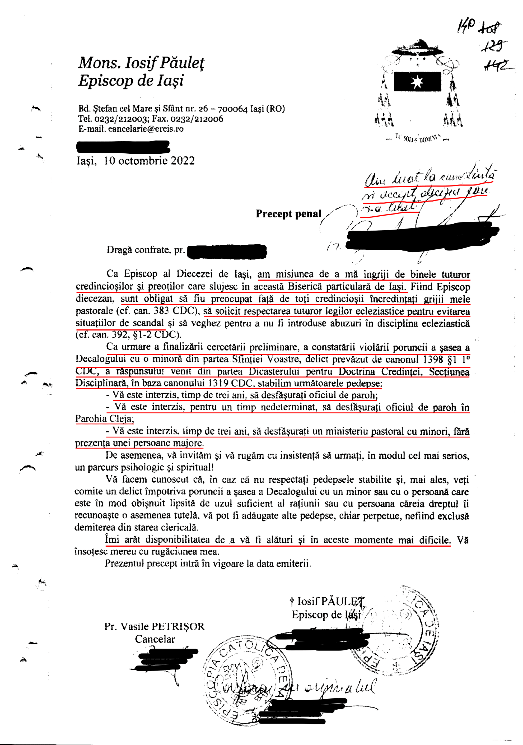 On the paper communicating the canonical sanction applied in his case, priest Augustin Benchea writes by hand "I have taken note of and accept the decision taken" and signs.