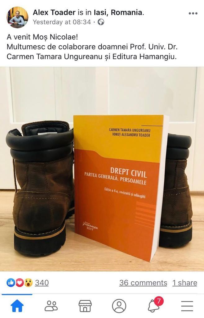 La 6 decembrie 2019, fiul lui Tudorel Toader anunța, pe Facebook, că a lansat o carte împreună cu Carmen Tamara Ungureanu, cea care a dat verdictul de neplagiat pe o teză coordonată de tatăl său