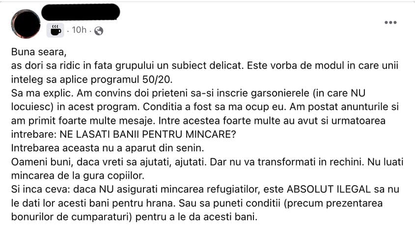 Postare de pe grupul de Facebook "Uniți pentru Ucraina"