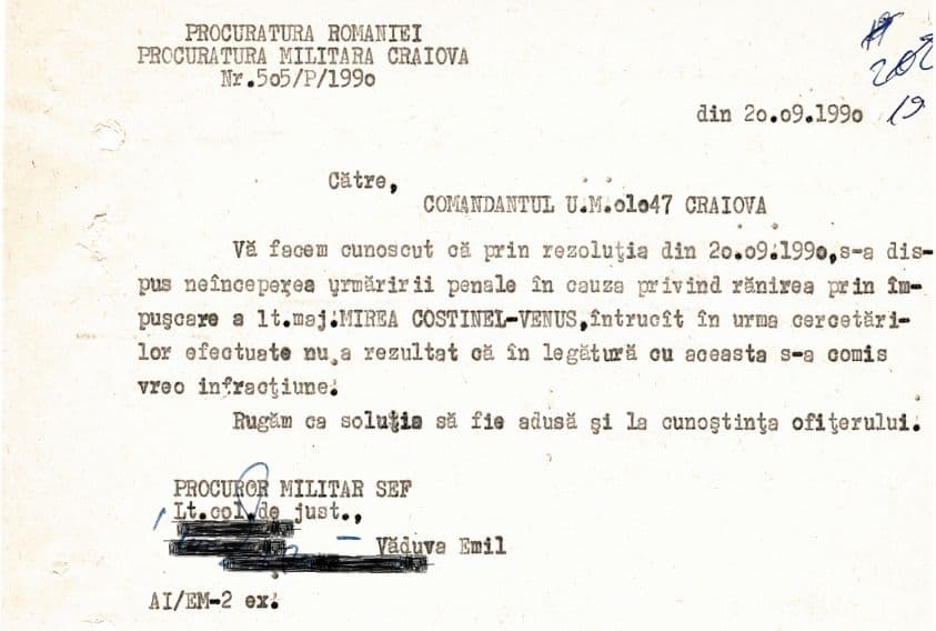 Decizia de neîncepere a urmăririi penale (NUP) luată în 1990 de Procuratura militară Craiova în cazul lui Mirea