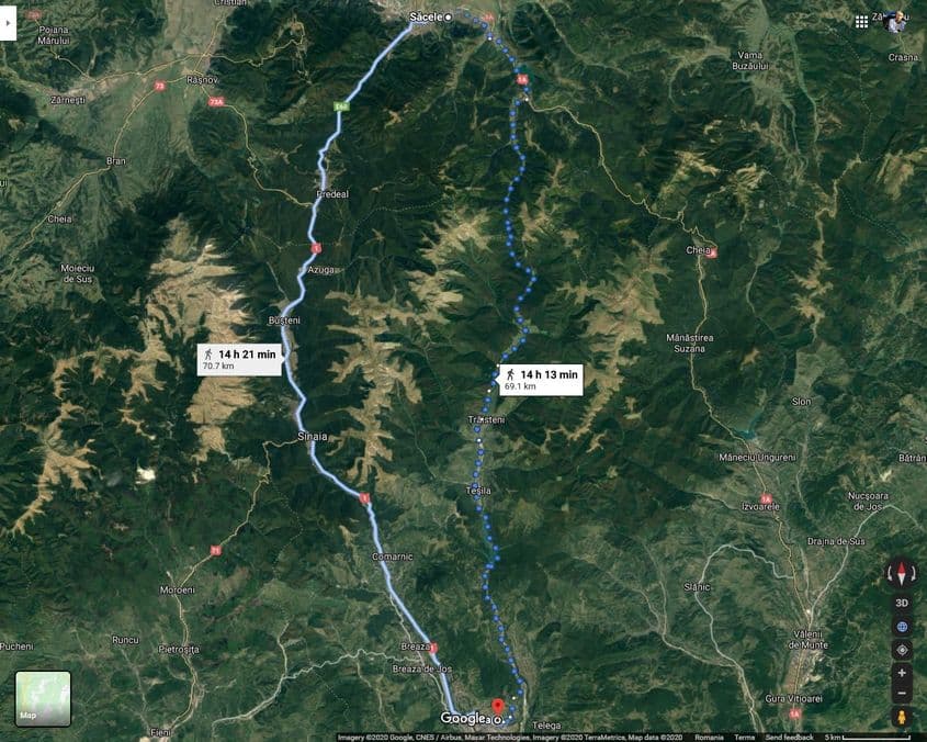 Actualul DJ102I (linie punctată, dreapta) poate fi parcurs azi doar cu o mașină de teren sau pe jos, dar va fi asfaltat și modernizat integral