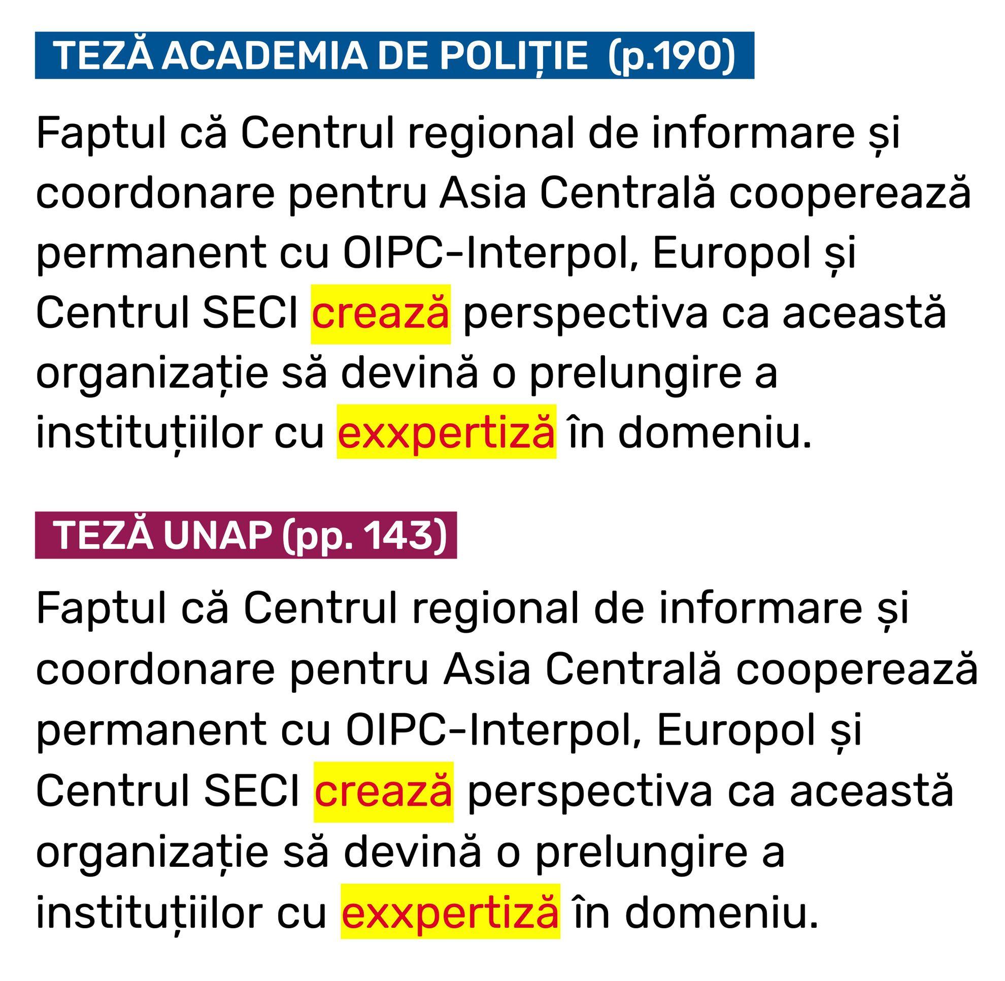 Pe lângă dublarea erorii de scriere pentru cuvântul “exxpertiză”, paragrafele identice din cele două teze includ și aceeași greșeală de ortografiere a verbului “a crea” (“crează”, în locul formei corecte “creează”)