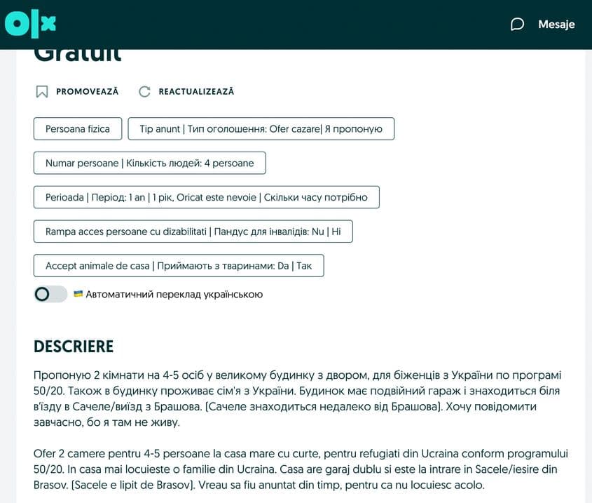 Anunț de pe OLX.ro