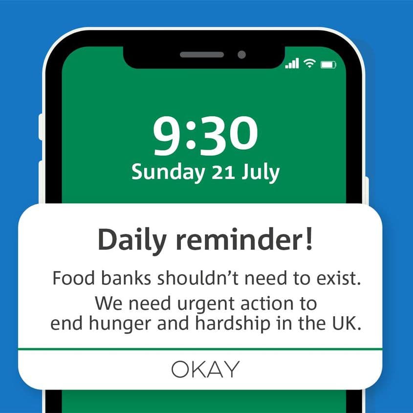 Postare The Trussell Trust despre cum băncile de alimente nu ar trebui să existe. 
Sursa: Facebook The Trussell Trust