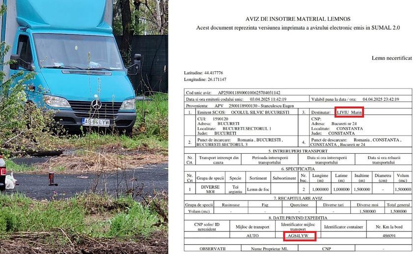 O mașină surprinsă de reporterul PressOne apare și pe avizul de însoțire a materialului lemnos emis de Ocolul Silvic. Foto: surse PressOne și Răzvan Filip