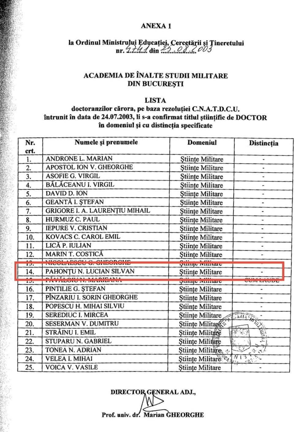 Numele lui Lucian Pahonțu figurează la poziția 14 pe <strong>Ordinul de ministru nr. 4741 din 25 august 2003</strong>, prin care i-a fost acordat titlul de doctor. Sursa: Ministerul Educației
