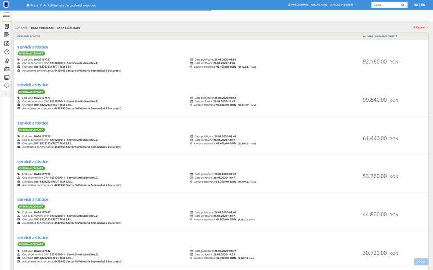 În toate cele șapte cazuri, contractul a fost câștigat fără licitație, ci prin atribuire directă la data de 26.08.2020. Foto: SEAP.