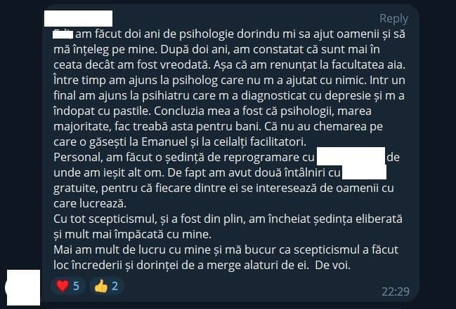 Captură foto dintr-un grup de Telegram asociat proiectului de reprogramare mentală.