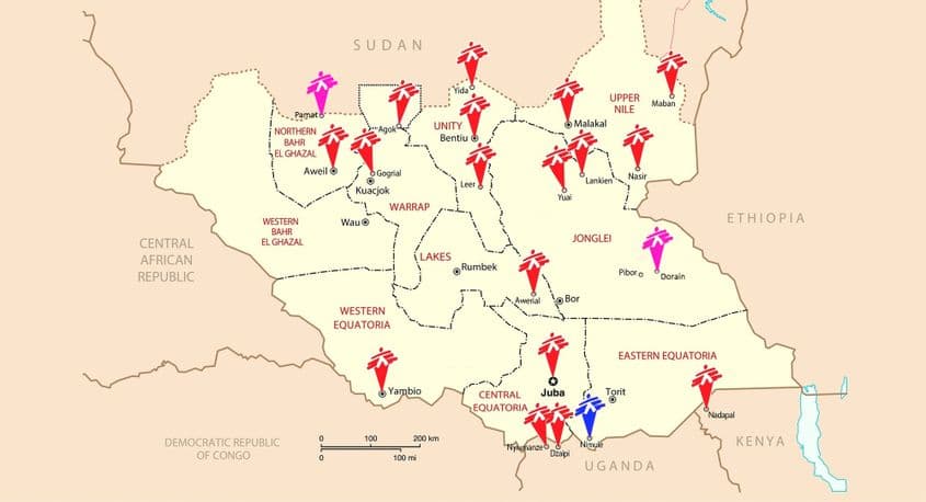 O hartă a celor de la MSF cu misiunile din Sudanul de Sus. În nord, chiar la graniță, se află localitatea Agok.